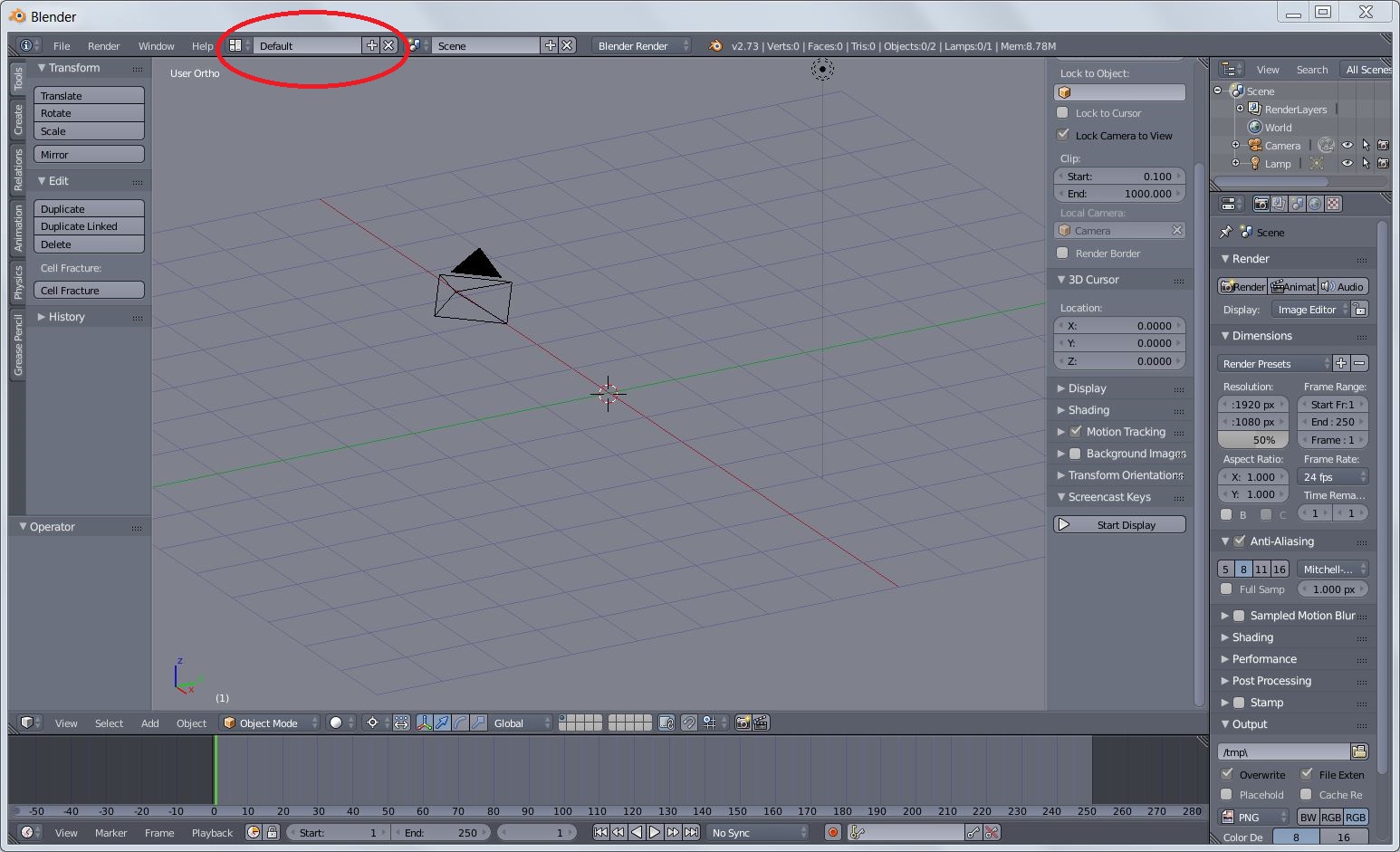 Blender's basic layout with screen layout selector