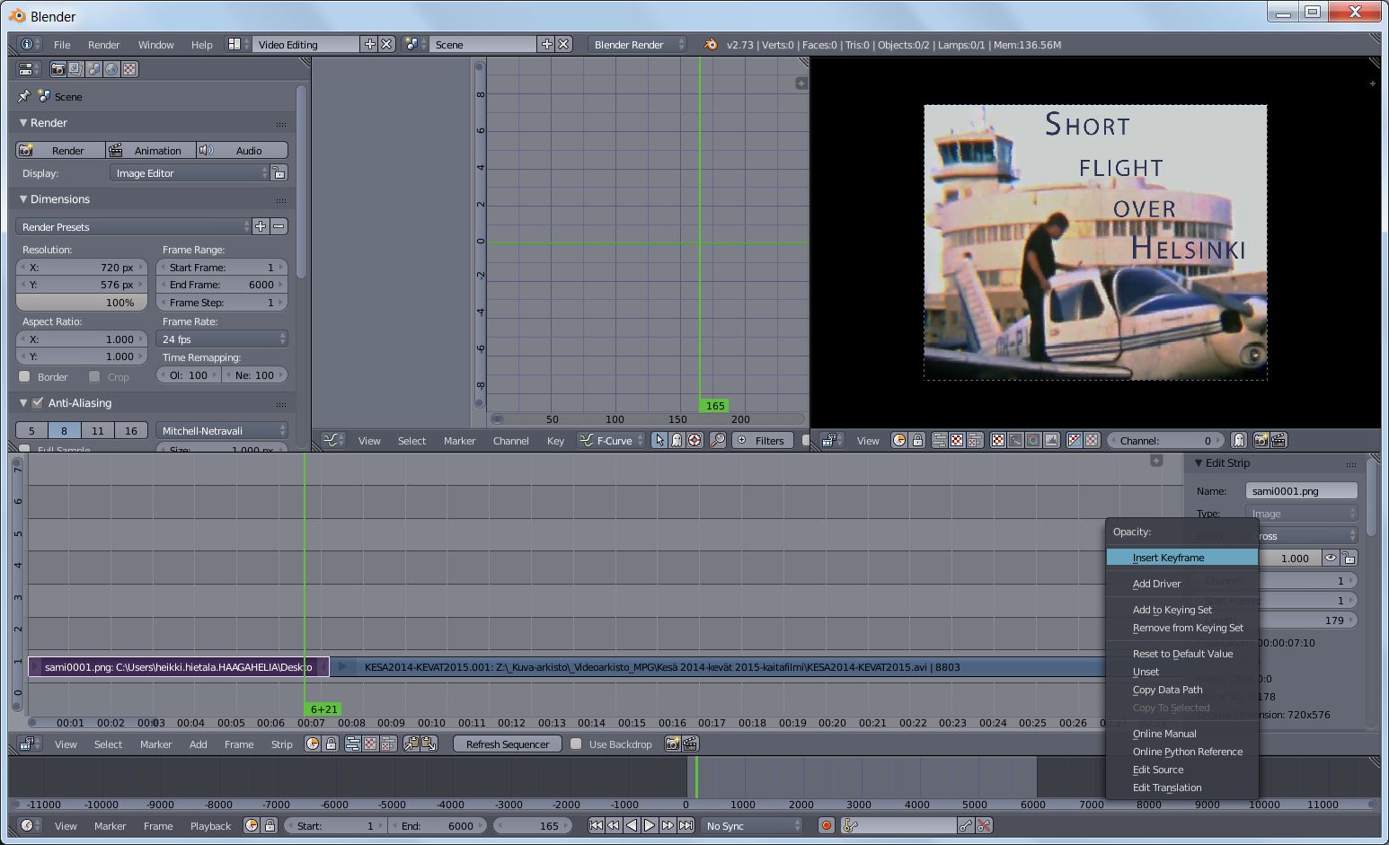 Inserting a keyframe at frame 165 for full opacity